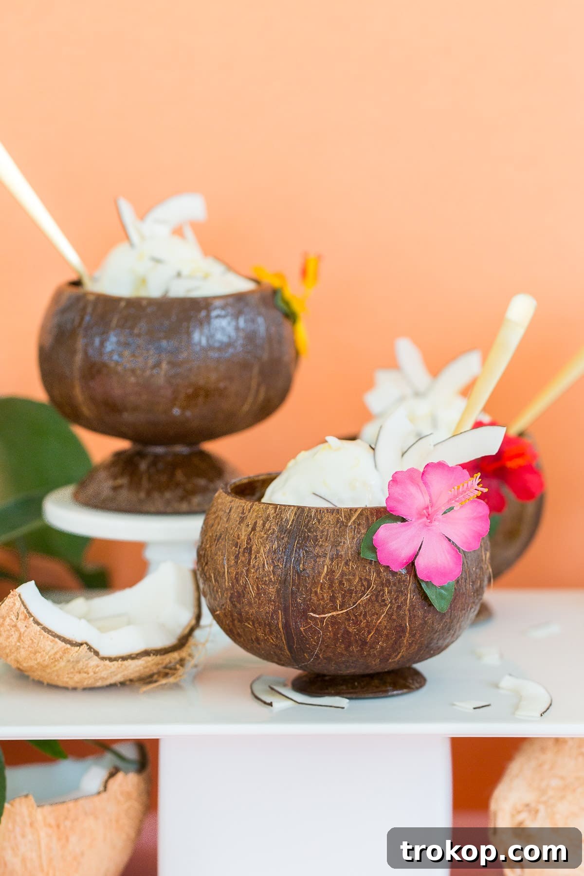 Beautifully presented pineapple coconut ice cream with a tropical backdrop.