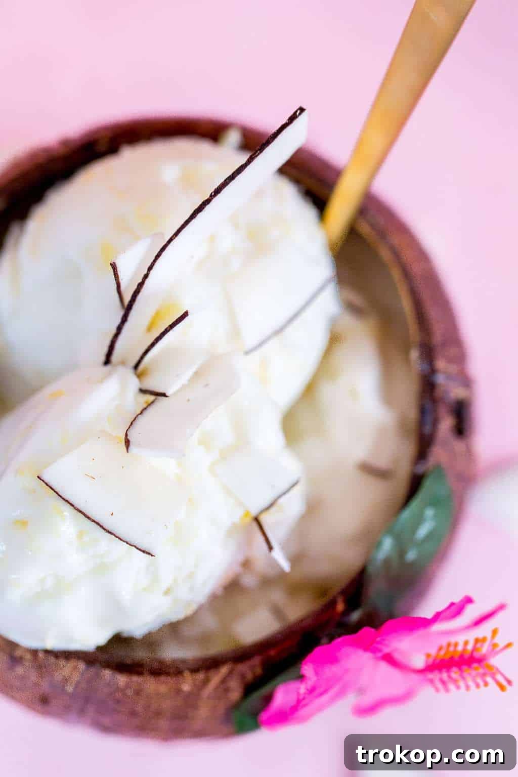 A close up of the ice cream's creamy texture and pineapple chunks.