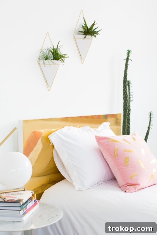 DIY Faux Brass Headboard: Get the High-End Look for Less 3 Bedroom with a freshly installed DIY faux brass headboard adding a luxurious touch