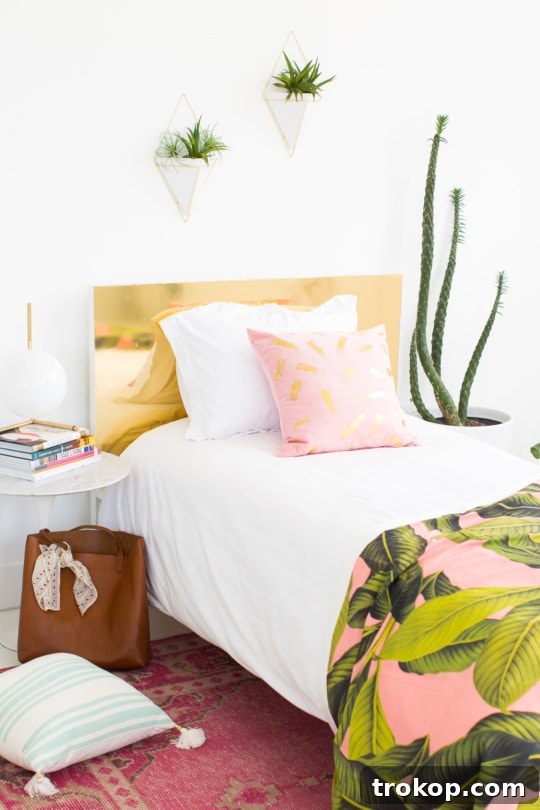 DIY Faux Brass Headboard: Get the High-End Look for Less 7 Finished DIY faux brass headboard, showcasing the clean, trimmed edges