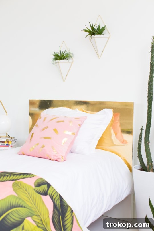 DIY Faux Brass Headboard: Get the High-End Look for Less 9 Full view of the bedroom showcasing the DIY faux brass headboard and overall cohesive design