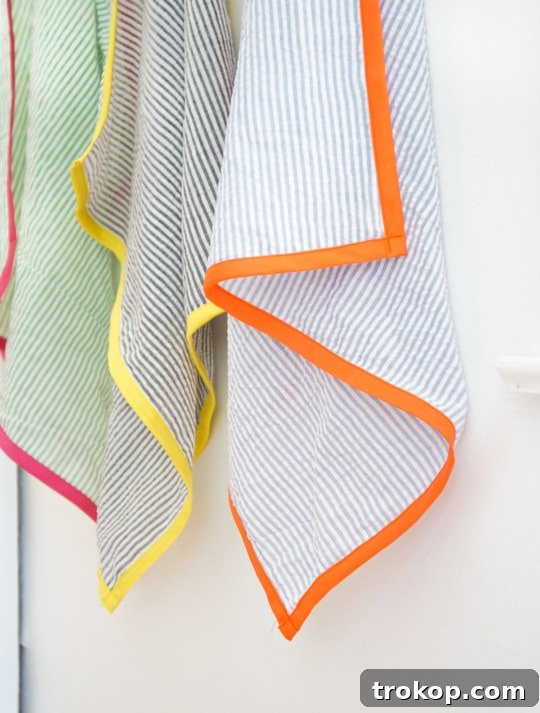 Craft Your Own Seersucker Tea Towels 3 Close-up of DIY Seersucker Tea Towel with colorful bias tape