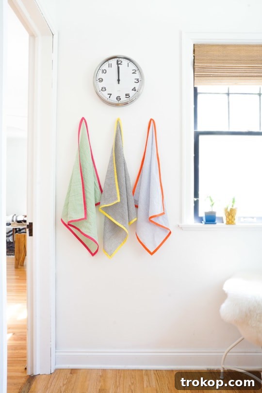 Craft Your Own Seersucker Tea Towels 4 Various uses for DIY Seersucker Tea Towels in a stylish kitchen setting