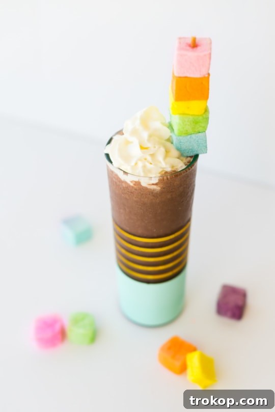 Spiked hot chocolate recipe with whipped cream and marshmallow skewer