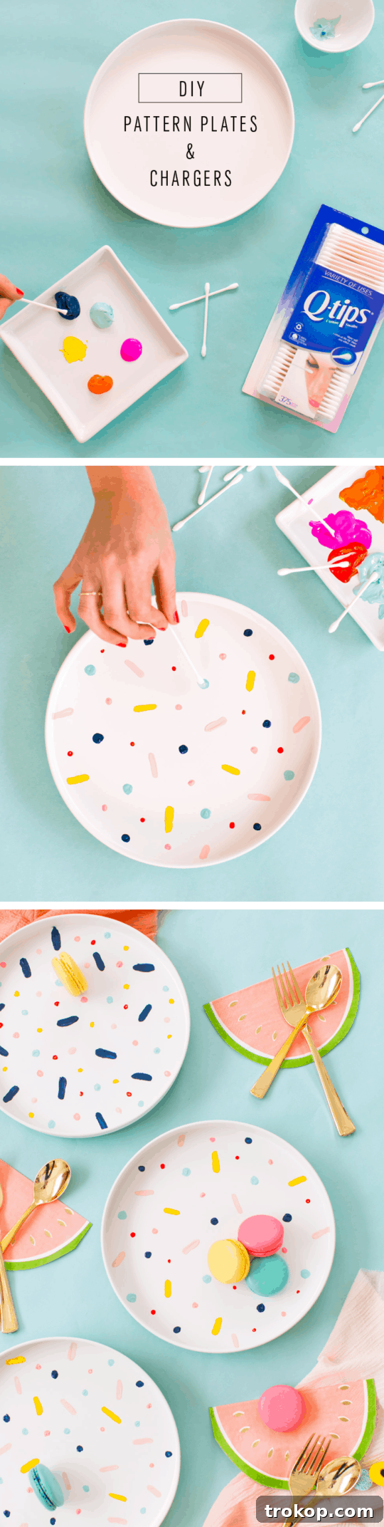 Step-by-step tutorial image for making DIY confetti pattern placemats, showing various abstract designs on chargers using Q-tips - sugar and cloth