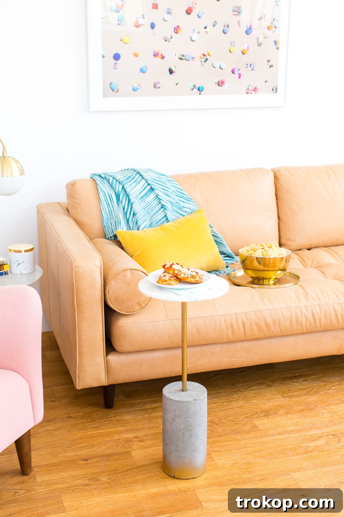 DIY marble and gold c table for tv dinners and snacking! - sugar and cloth - houston blogger - ashley rose #movienight #table #diytable #ctable #roundtable #marble #gold #homedecor