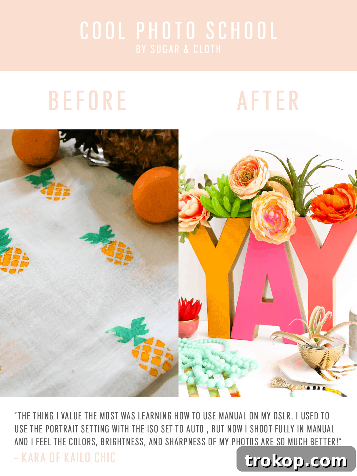 Student Photography Transformations: Before and After 5 DSLR Manual Mode Mastery: Kara's Before and After Photography with Cool Photo School - learn manual settings, colorful backgrounds, styling tricks, improved sharpness