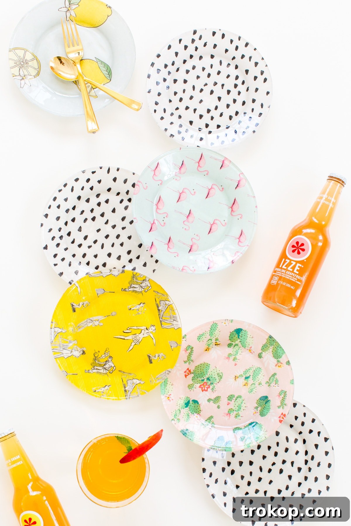 DIY Printed Plates and Peachy-Tini Cocktail 3 An array of colorful and cute DIY statement printed plates featuring diverse patterns like cacti, lemons, and polka dots