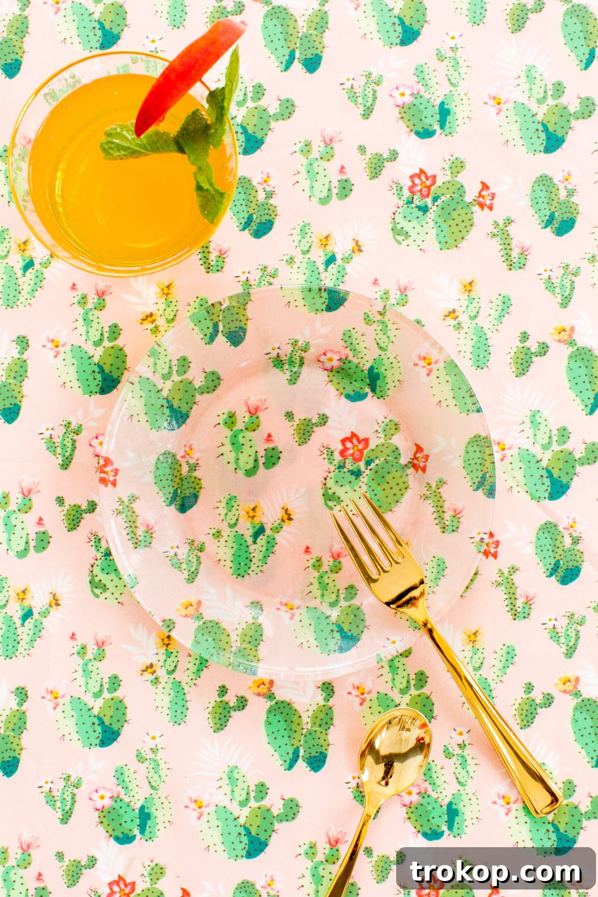 DIY Printed Plates and Peachy-Tini Cocktail 9 Various angles and close-ups of completed DIY printed plates, showcasing different retro fabric designs like cacti, lemons, and flamingos