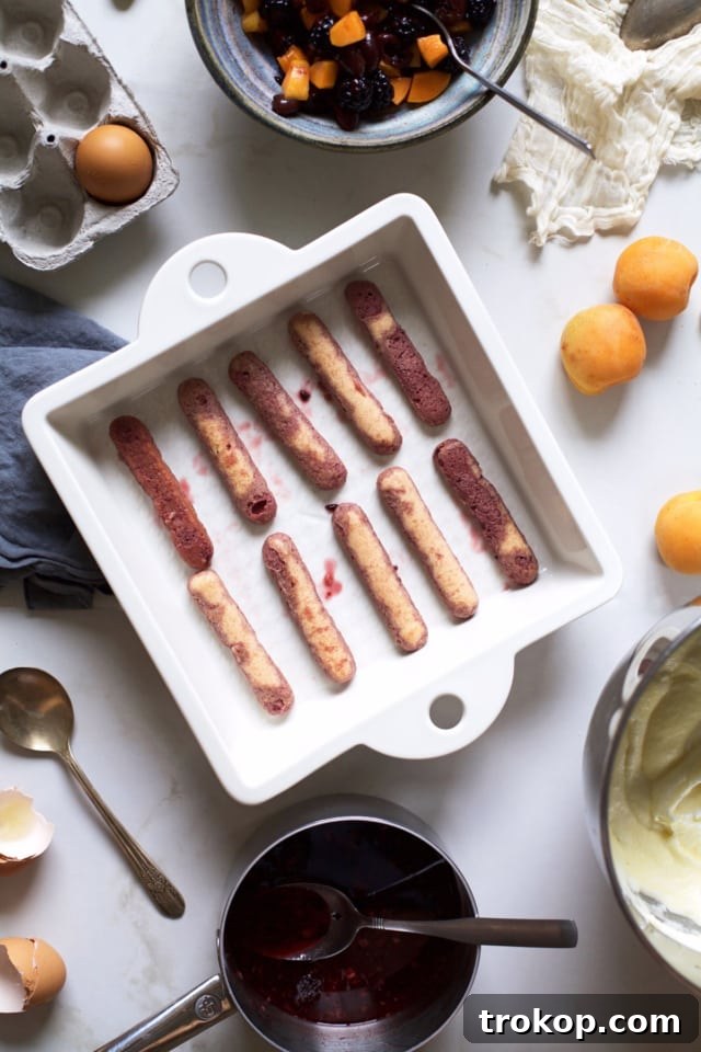 Layering Ladyfingers Soaked in Fruit Mixture for Tiramisu
