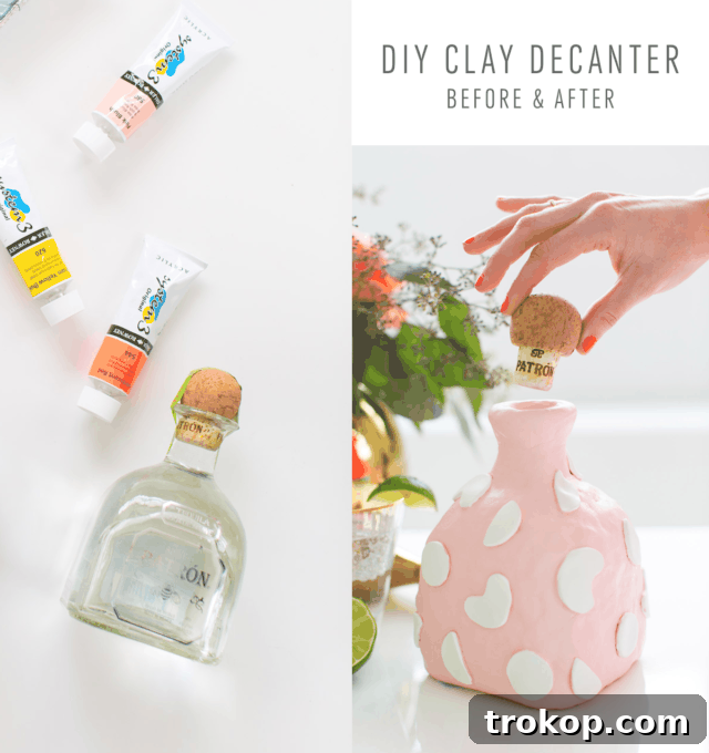 A stunning before-and-after comparison of the Patron bottle, showing its transformation from an empty glass bottle to an elegant DIY clay decanter.
