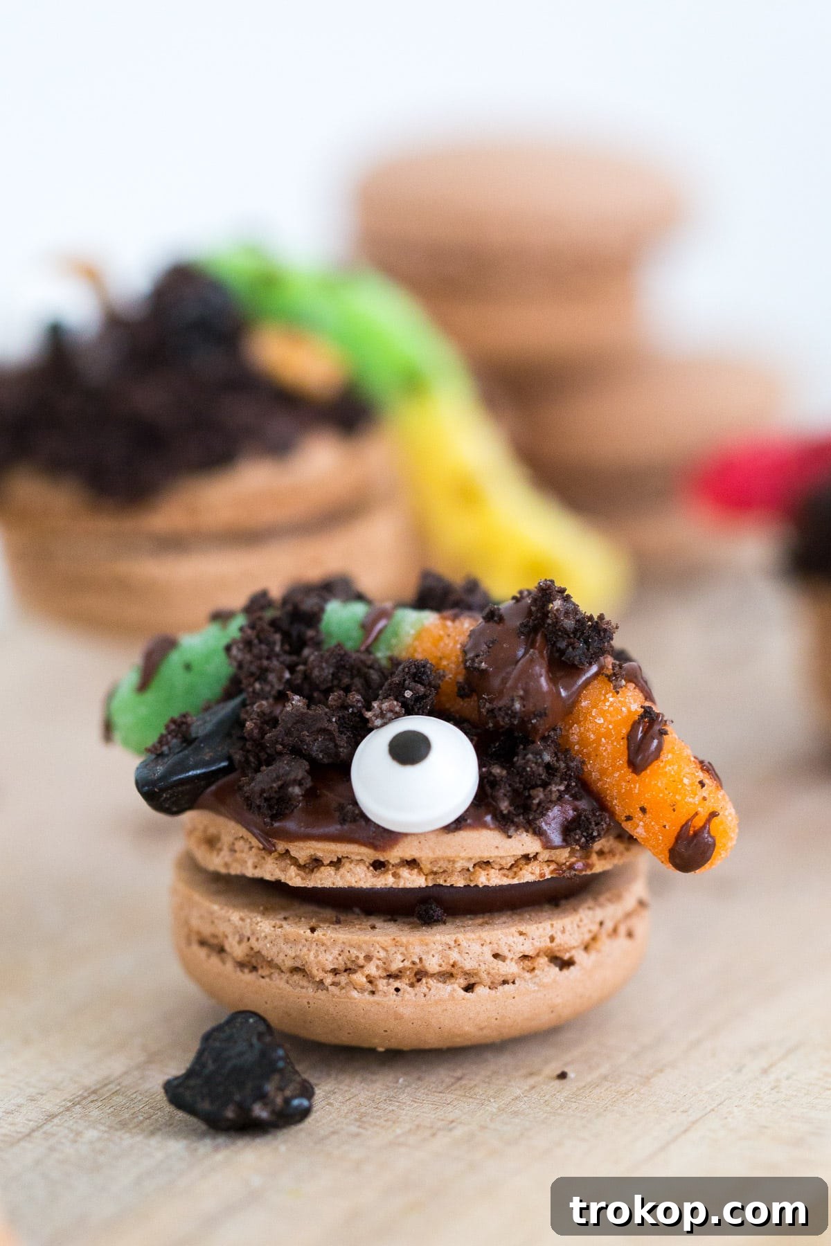 Delightfully Dirty Worm Macarons 3 Detailed shot of DIY Dirt Worm Macarons with gummy worms, candy eyes, and crushed Oreos.