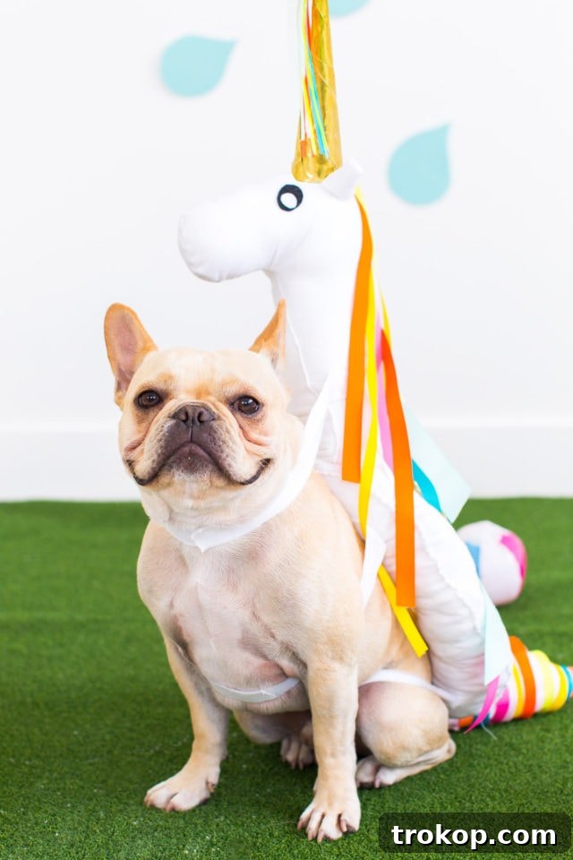Dog in a DIY flamingo pool float costume, looking up expectantly