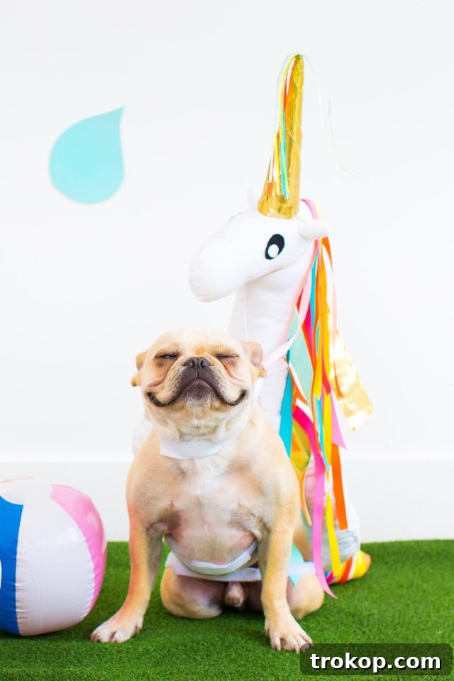 Charming dog dressed in a DIY flamingo pool float costume, front view, looking at camera