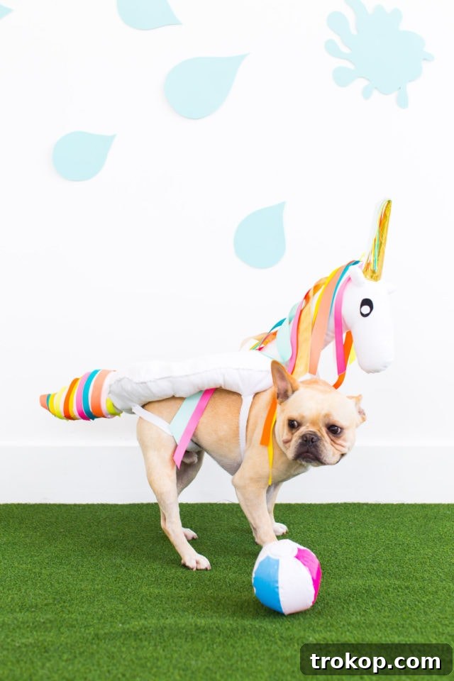 Close-up of a dog in a DIY flamingo pool float costume, showing fabric details