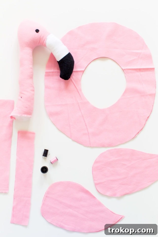 Second step of sewing the flamingo beak for a pet costume