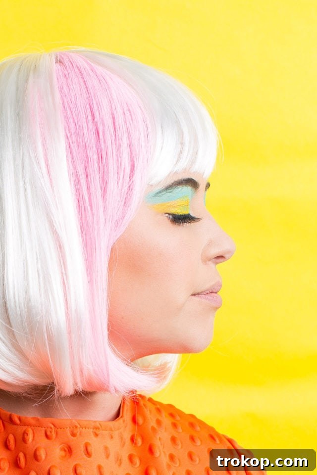 Craft Your Own Halloween Wigs and Lashes 8 Winks & Wigs: DIY Wig and Lash Combinations for Halloween by Sugar & Cloth -lavender wig - 60's Mod - Color Block - ideas - ashley rose - best DIY blog - houston blogger #diy #blogger #costume #halloween #diycostume #halloweencostume #wig #falsies #lastminute