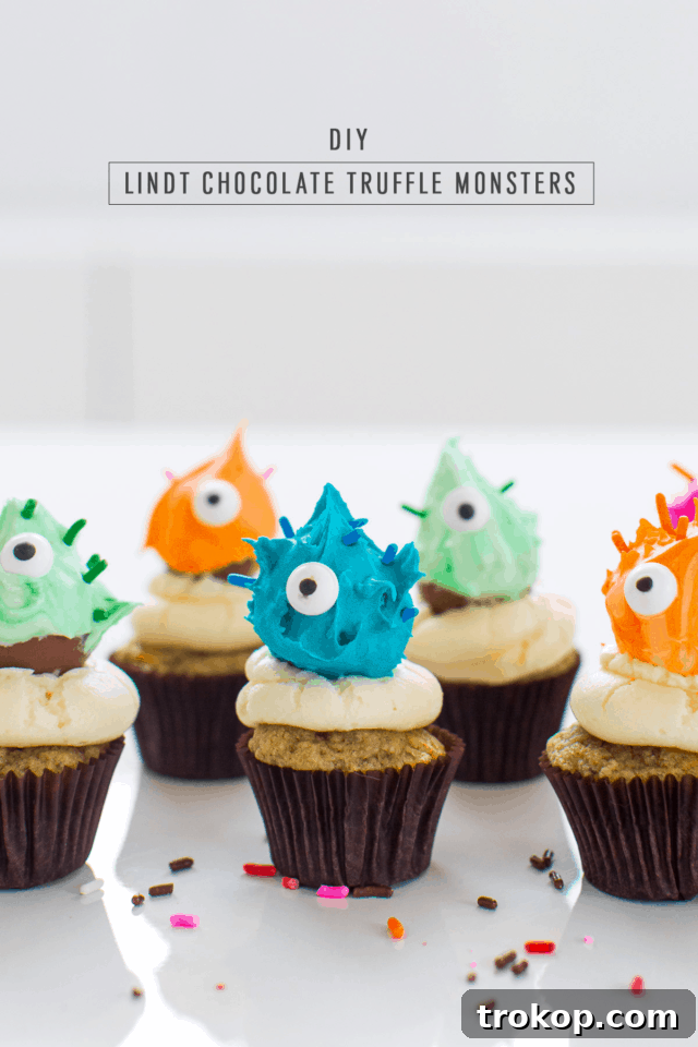 Adorable Truffle Monster Cake Toppers Recipe 11 A selection of DIY Truffle Monster Cupcake Toppers in various colors and designs