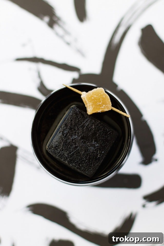 Activated Charcoal Elixirs: Detox Cocktails and Mocktails 6 A minimalist presentation of the activated charcoal cocktail, focusing on its sleek black color and simple lime garnish.