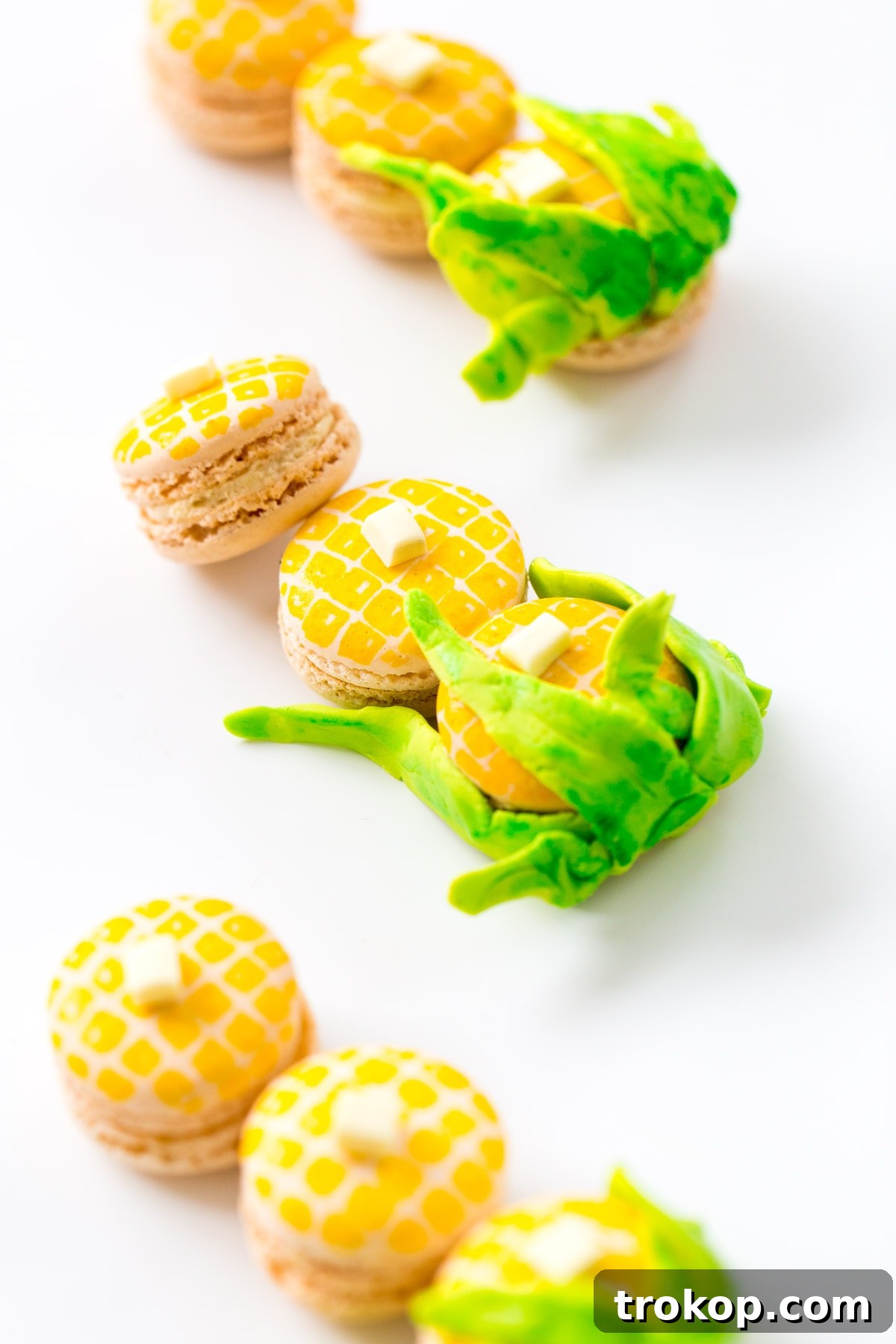 Sweet Corn Macarons from Scratch 5 DIY Corn Macarons with detailed kernels and green fondant husks