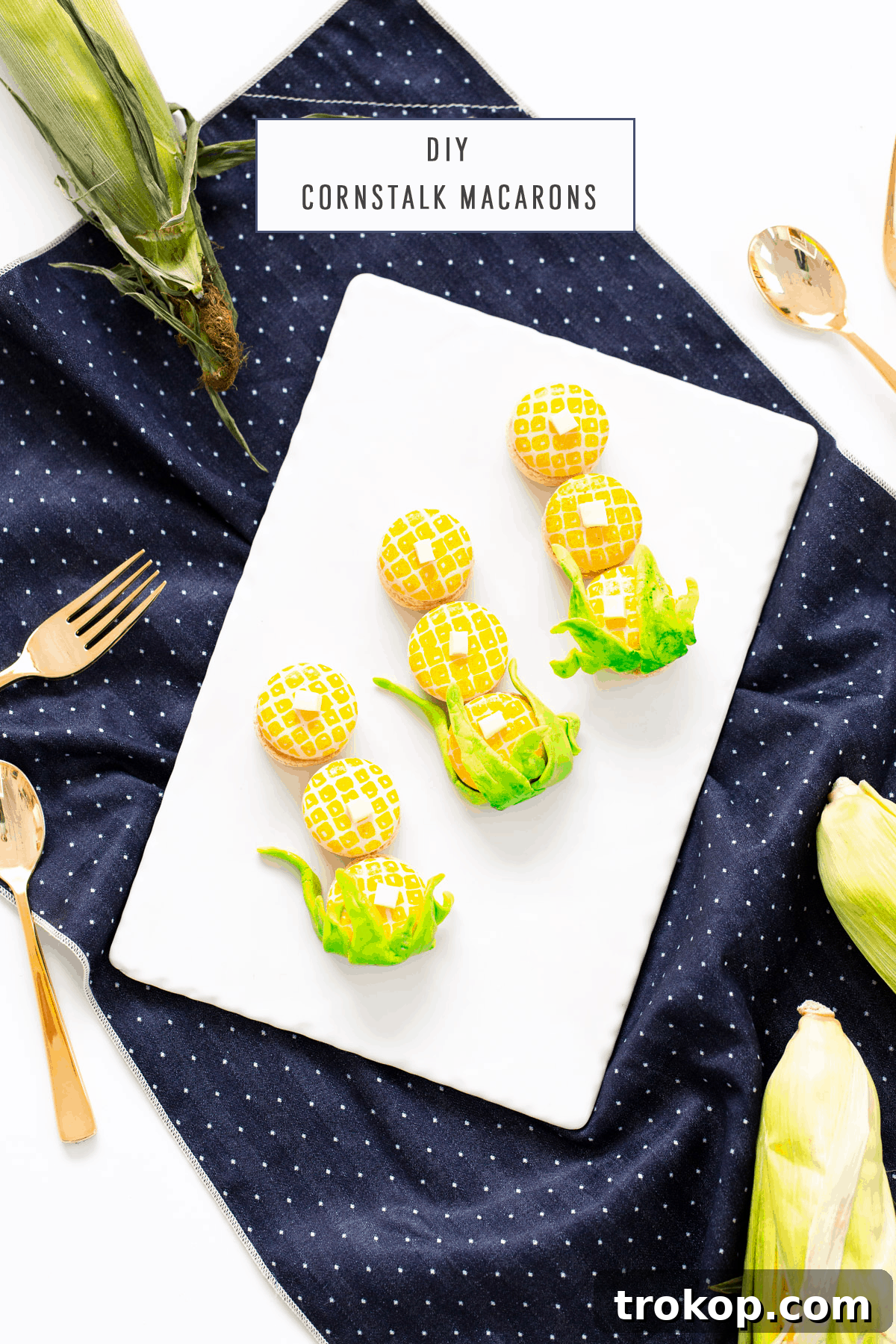 Sweet Corn Macarons from Scratch 6 Final display of homemade DIY Corn Macarons on a white background
