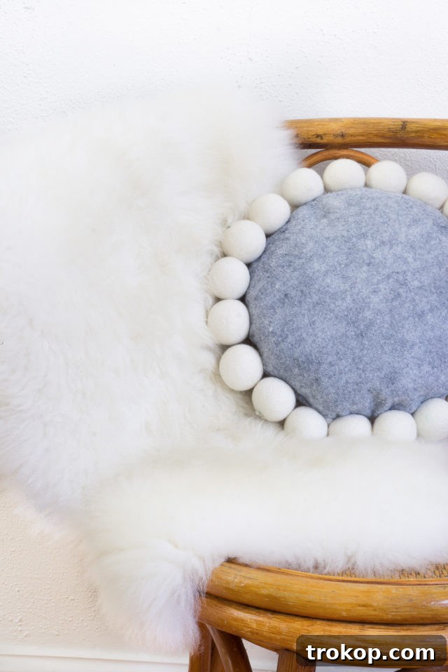 DIY Snowball Pillow - Decorating with Wool Beads on Couch