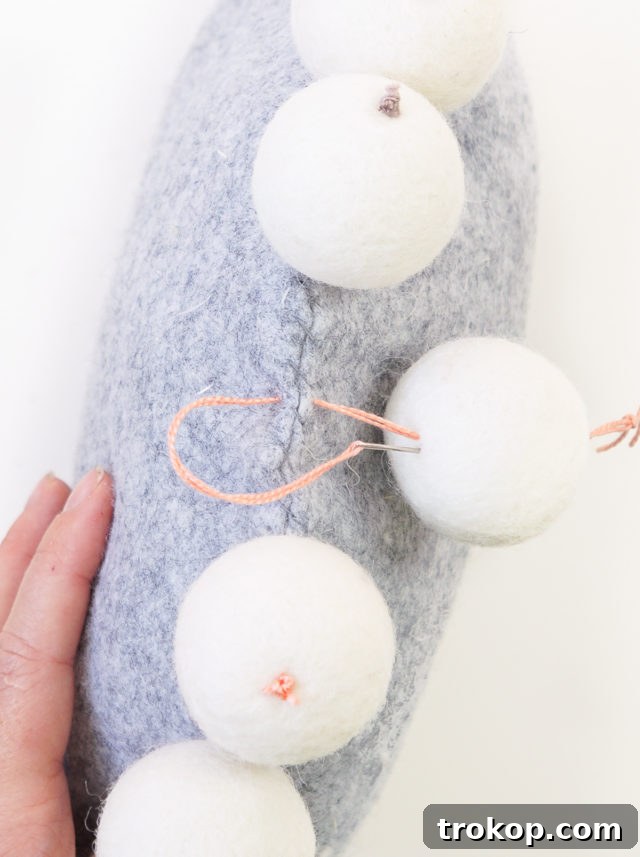 DIY Snowball Pillow - Close-up of Attached Wool Beads