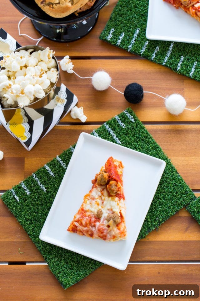 Kick Off Your Table with DIY Football Coasters and Mats 15 Various game day snacks on a table with football themed party decorations