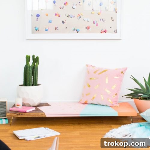 An Abstract DIY Modern Low Bench by Lifestyle and DIY blogger, Ashley Rose of Sugar & Cloth