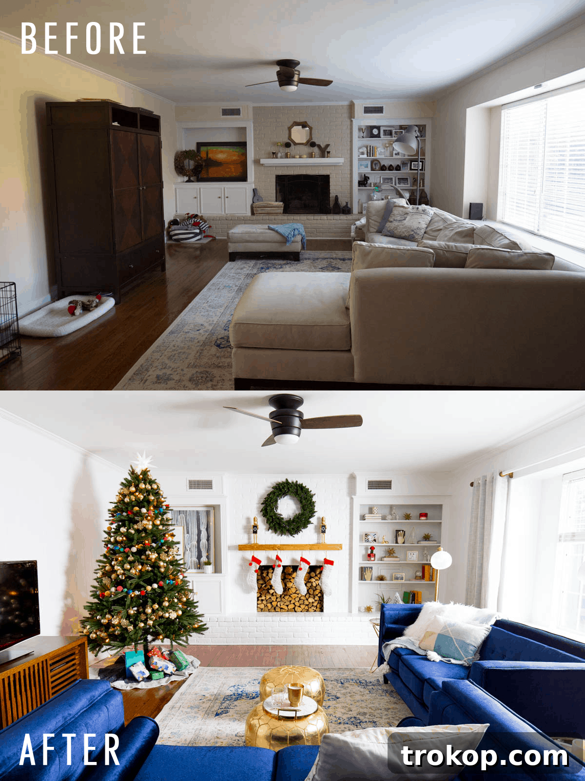 Unwrapping Our Holiday Living Room Makeover, Courtesy of Lowe's 4 Before and After: Side-by-side comparison of Issa and Thomas's living room, showcasing the dramatic transformation.