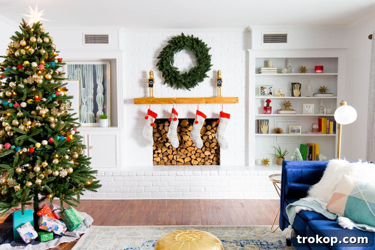 Unwrapping Our Holiday Living Room Makeover, Courtesy of Lowe's 8 After: The transformed living room with a focus on family-friendly design, featuring soft furniture and gold poufs.