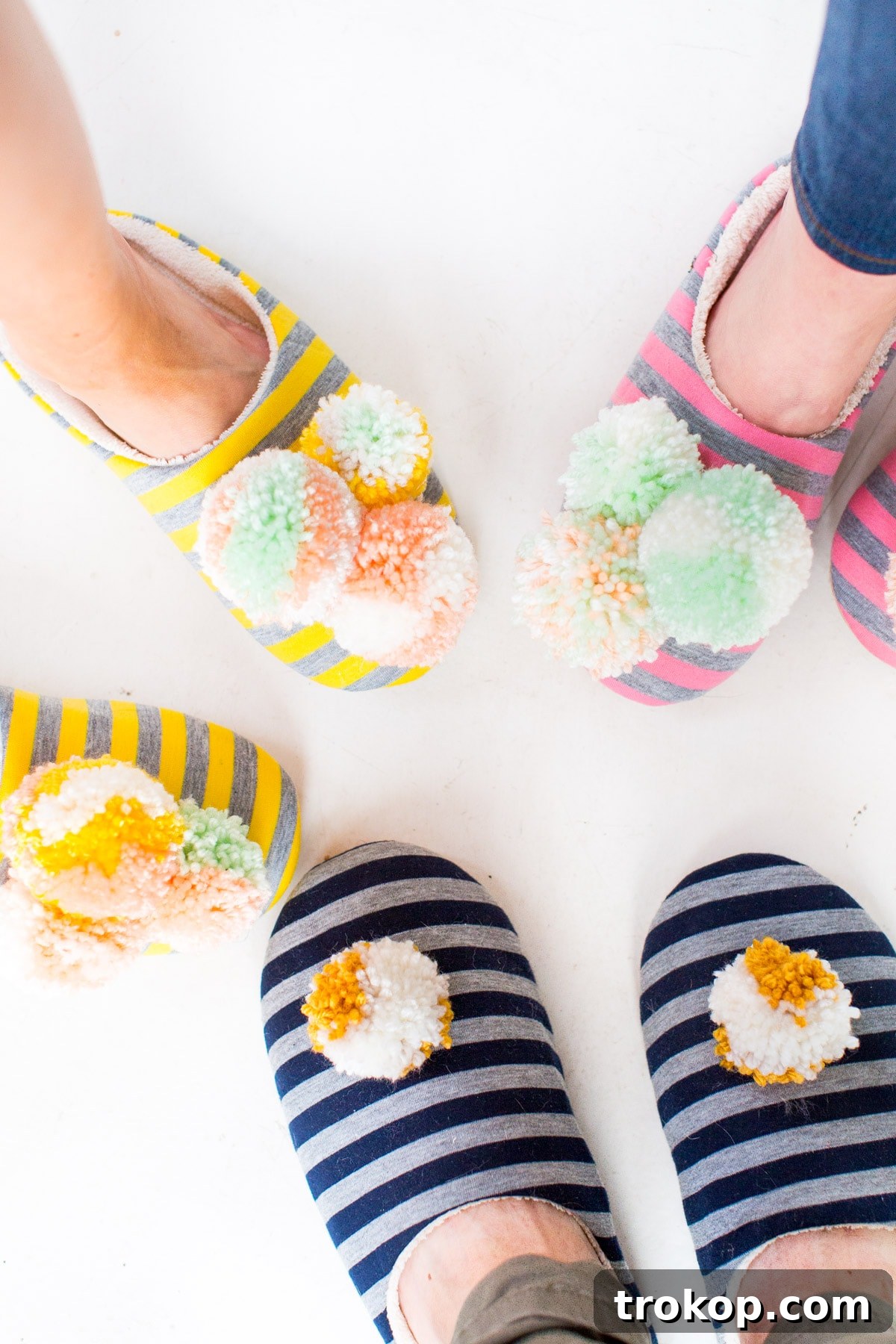 Step-by-step guide to making DIY pom pom slippers, a fun and creative winter crafting idea from the Sugar & Cloth team