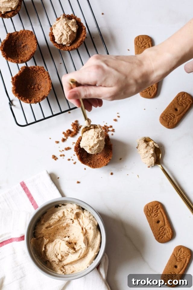 Close-up of the creamy filling in Mini Cookie Butter Tarts, topped with whipped cream and chocolate curls.