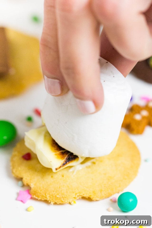 Step-by-step for Holiday Cookie and Sprinkle S'mores: Toasting marshmallows with torch