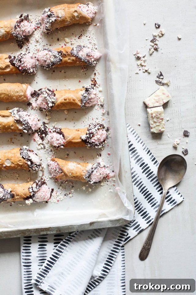 Peppermint Bark Cannoli recipe by Ashley Rose of Sugar and Cloth, and award winning DIY and lifestyle blog.