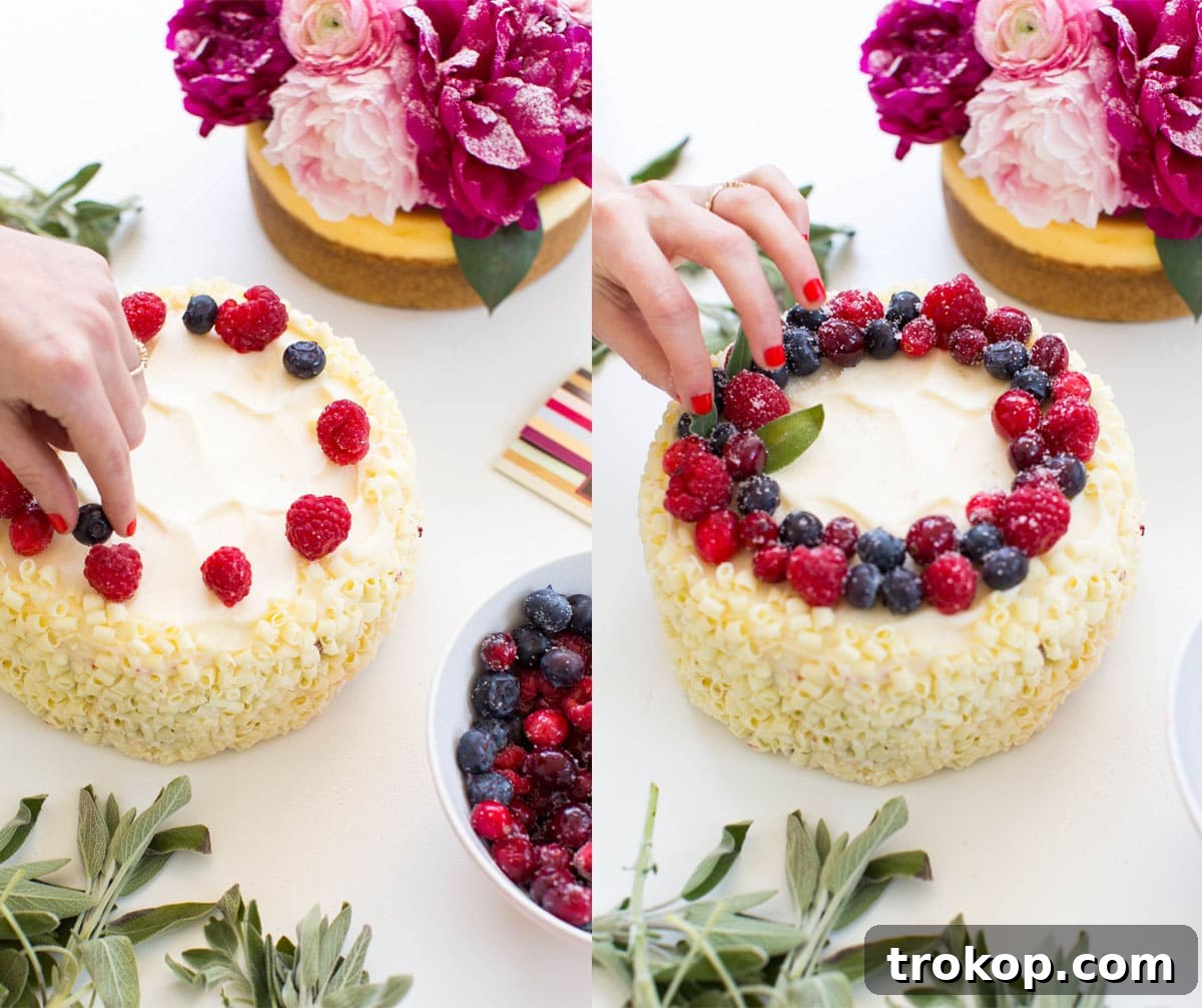 Elevate Your Cheesecake: Creative Topping Ideas 6 Arranging sugared cranberries, blueberries, and raspberries with sage on a cheesecake