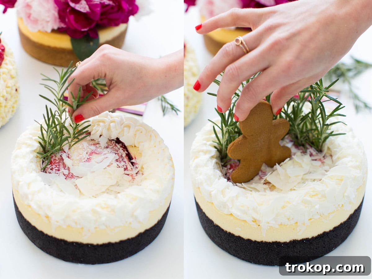 Elevate Your Cheesecake: Creative Topping Ideas 8 Assembling a gingerbread man and rosemary sprigs to create a winter forest scene on a cheesecake