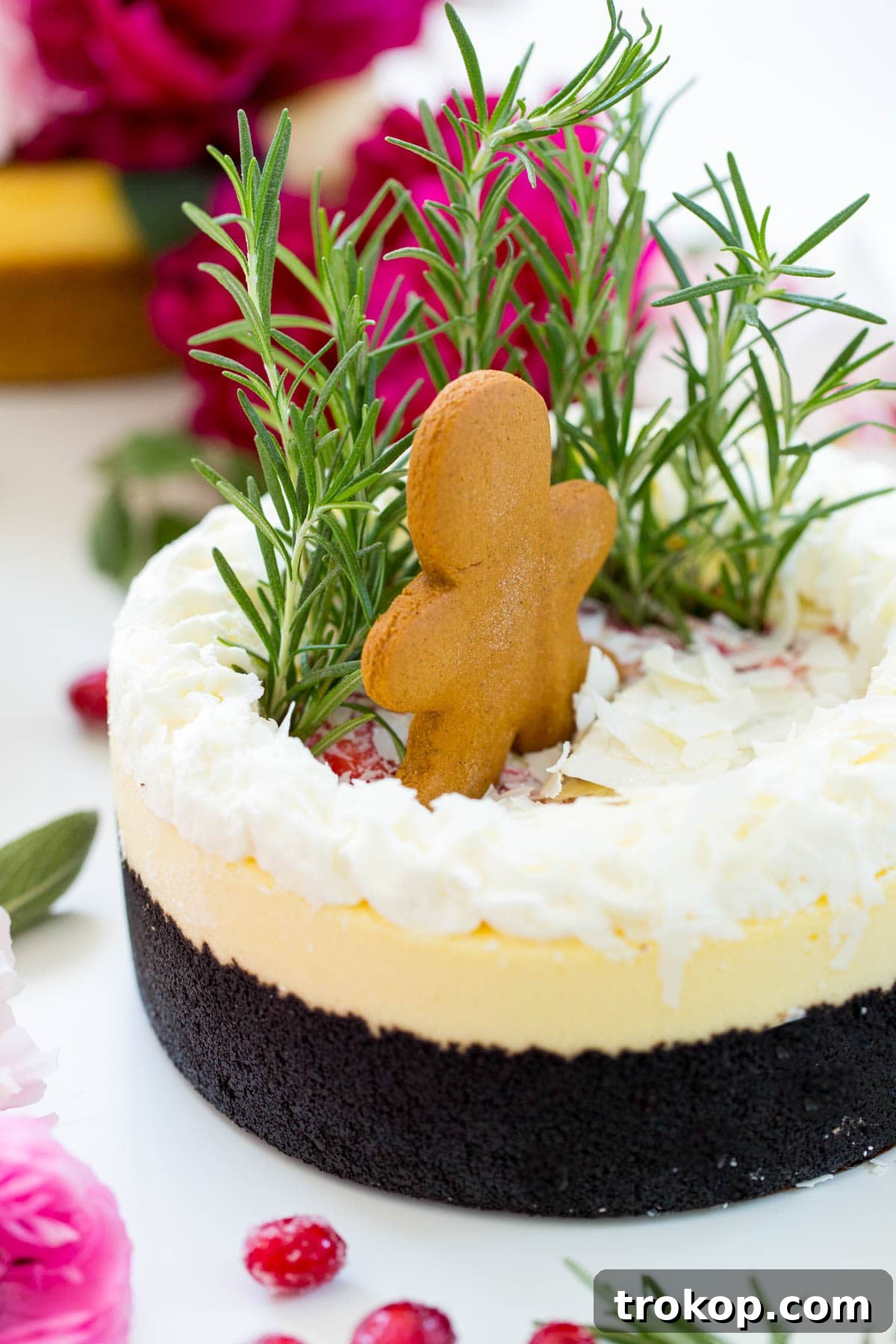 Elevate Your Cheesecake: Creative Topping Ideas 9 Close-up of a gingerbread man cookie nestled among rosemary 'trees' on a cheesecake