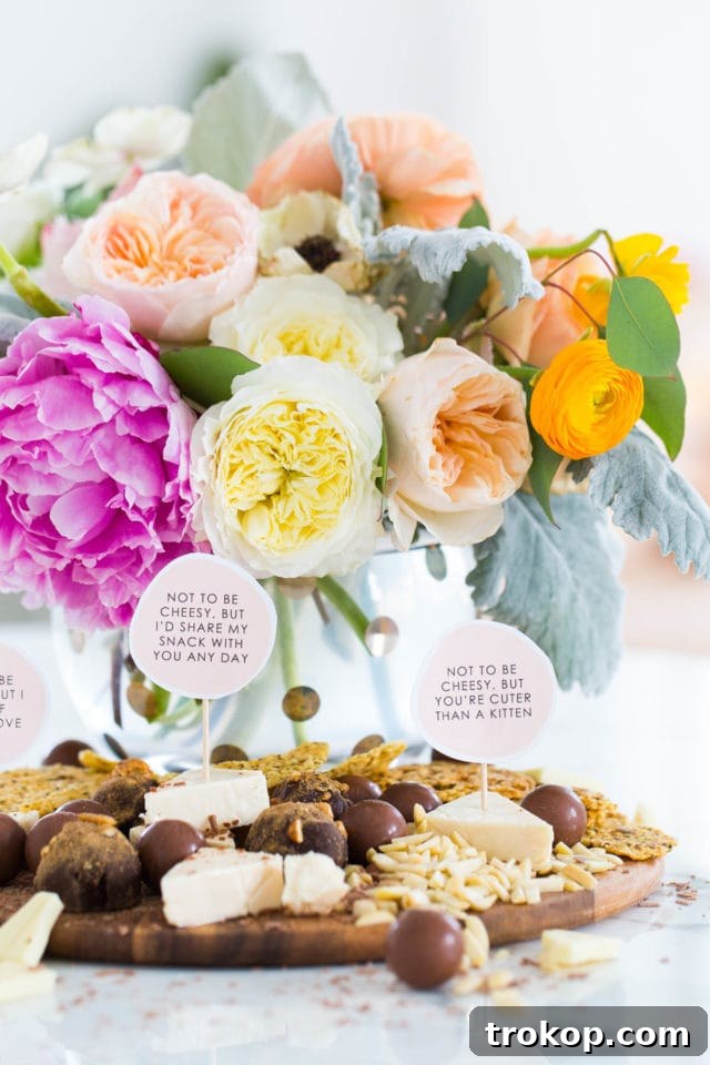 Hand-crafted cheese board markers in pink bubbles design amidst a beautifully arranged cheese board, featuring various cheeses, fruits, and crackers.