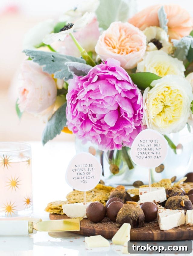 Assorted cheese board markers with different 'love' messages, such as 'You're Grate' and 'Don't Brie Shy', beautifully arranged with cheese, fruit, and nuts on a serving board.