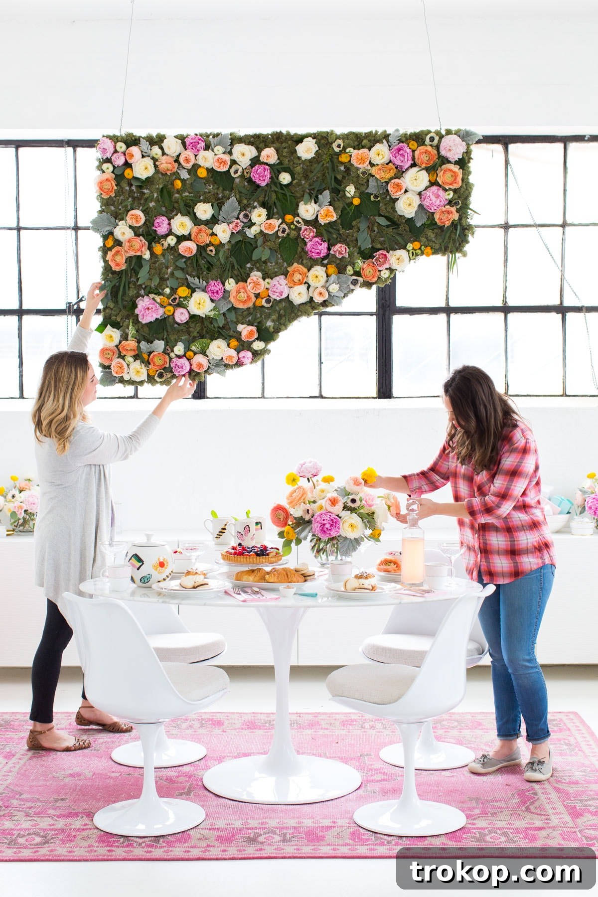 Close-up of the beautiful floral arrangement on the hanging wall