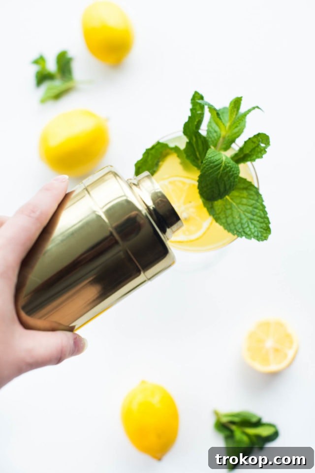Close-up of a sparkling Meyer lemonade cocktail, showcasing the vibrant yellow hue and mint garnish.
