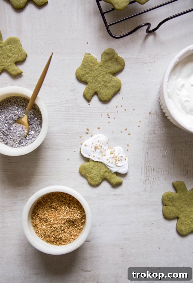 Close-up of freshly baked White Chocolate Shamrock Matcha Cookies