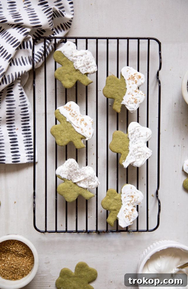 White Chocolate Shamrock Matcha Cookies arranged for a festive display