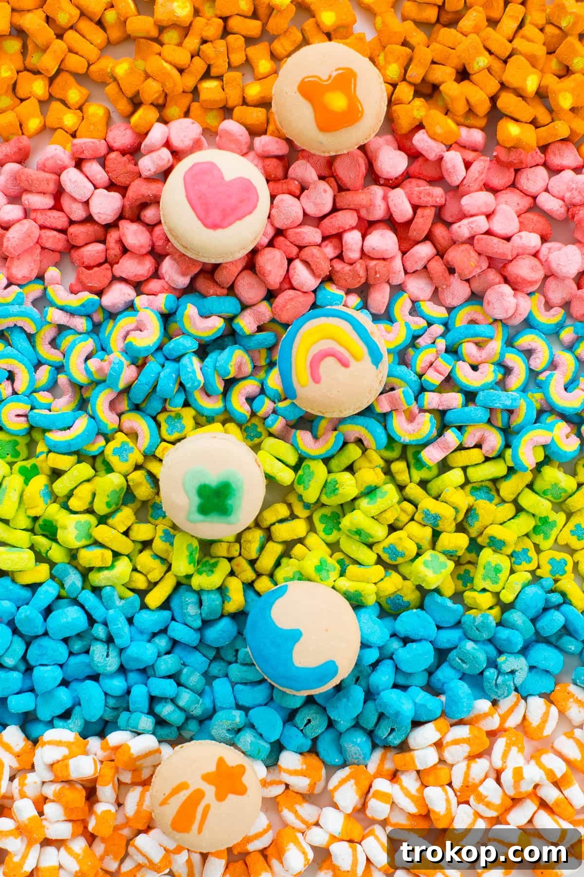 Vibrant DIY Lucky Charms Macarons perfect for St. Patrick's Day, photographed by Houston lifestyle blogger, Ashley Rose of Sugar and Cloth. Features colorful royal icing designs on macaron shells.
