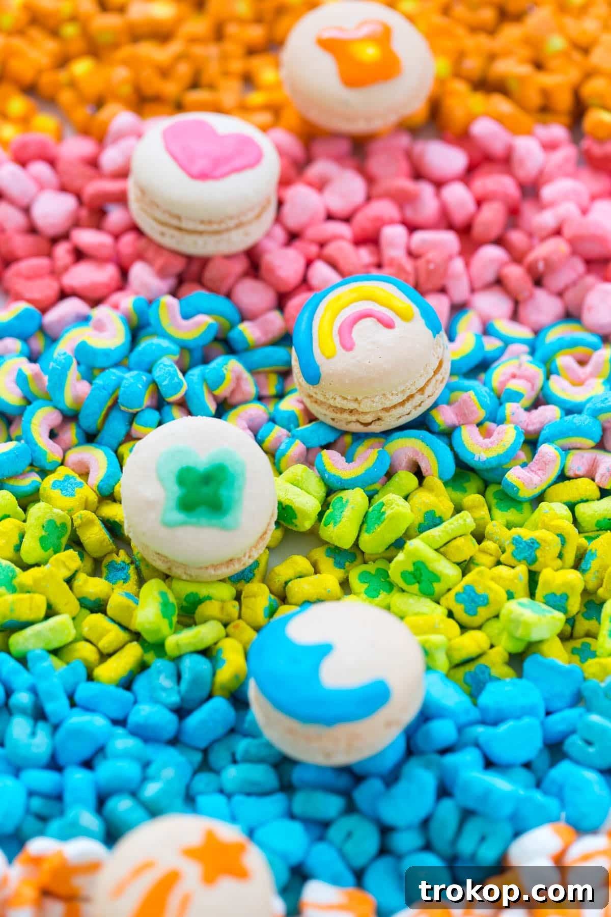 A large pile of freshly decorated DIY Lucky Charms Macarons, showcasing their collective vibrant appeal and playful designs, ready to be enjoyed.