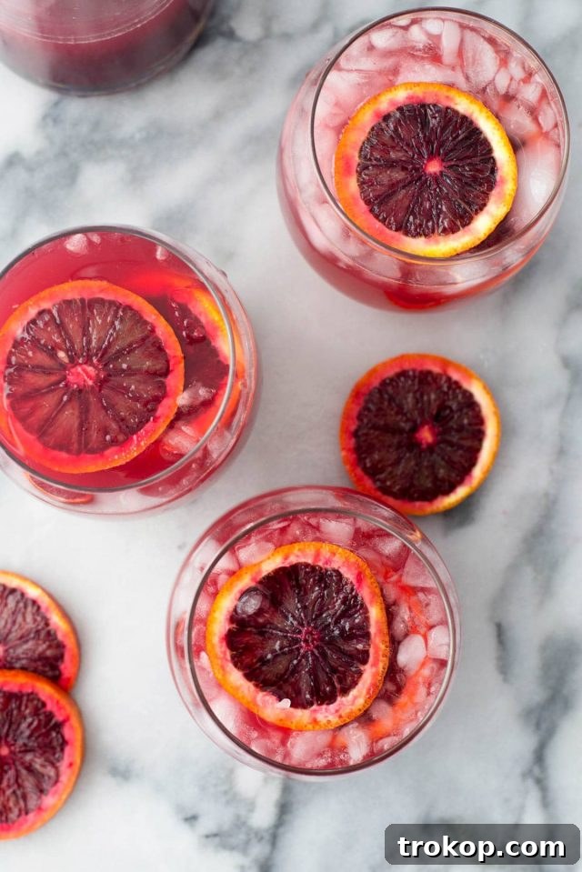 Vibrant Blood Orange Sangria 2 A beautifully garnished glass of Blood Orange Sangria, showcasing its vibrant color and fresh fruit slices.