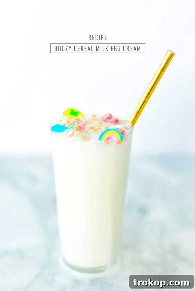 Recipe details and ingredient list for the Boozy Cereal Milk Egg Cream.