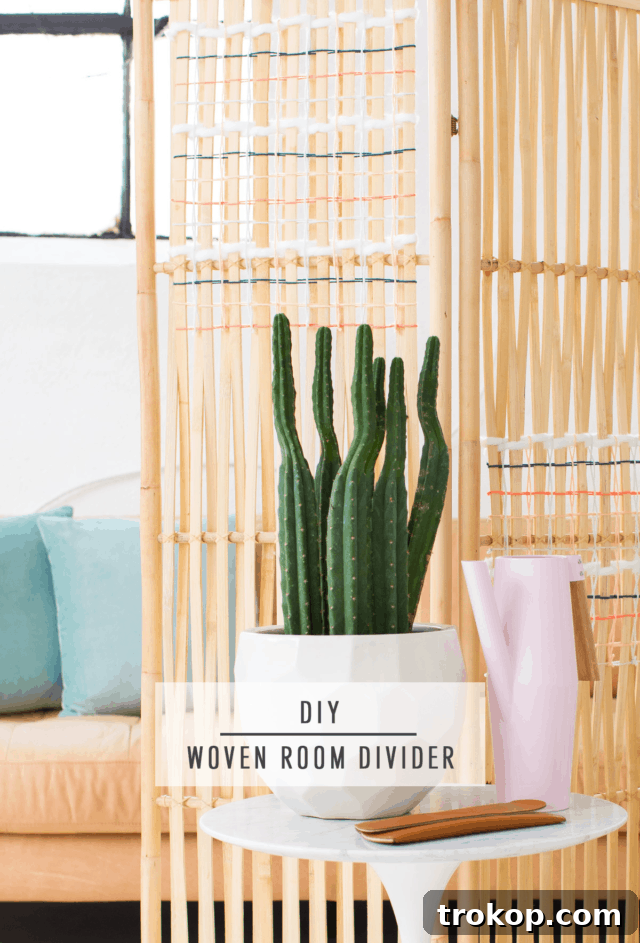 Weave Your Own Room Divider 8 Final wide shot of the DIY Woven Room Divider in a styled room, demonstrating its function as a stylish and colorful space partition.