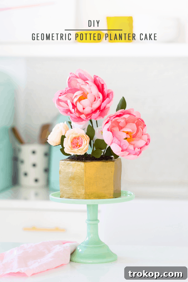 Sweet Flower Pot Cake Secrets 12 The finished flower pot cake displayed on a rustic wooden surface, highlighting its natural elegance and edible charm as a centerpiece.
